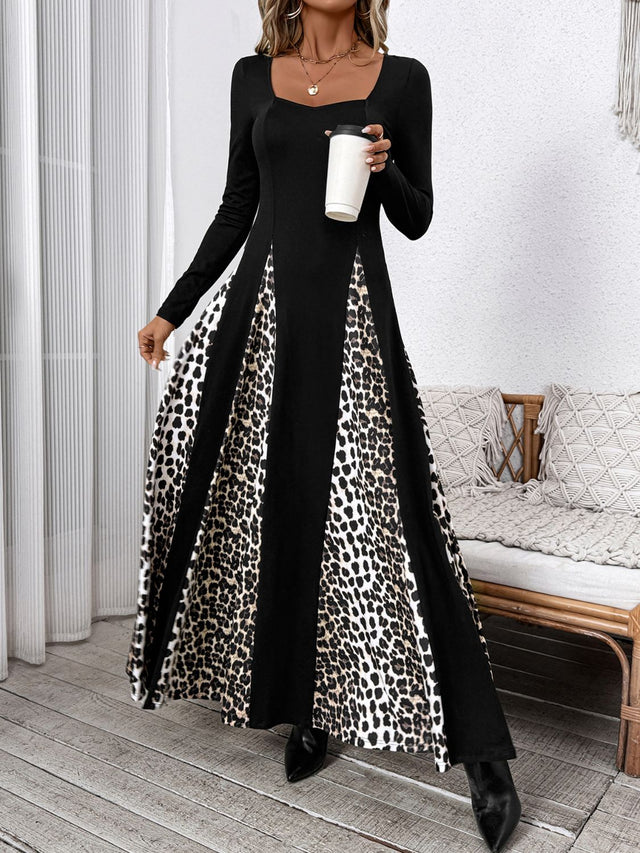 Perfee Leopard Square Neck Long Sleeve Maxi Dress | Hanalas