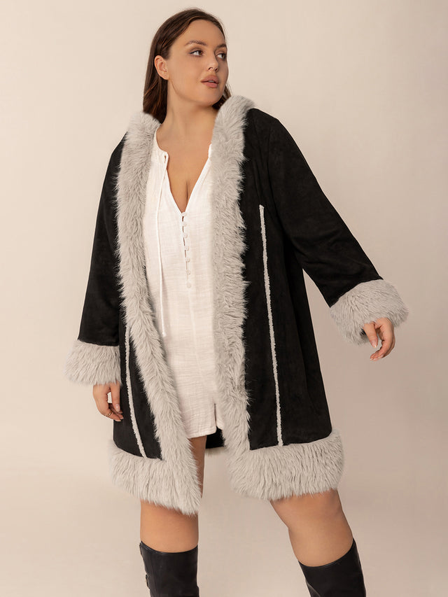 Plus Size Fuzzy Trim Open Front Long Sleeve Hooded Coat Trendsi Hanalas