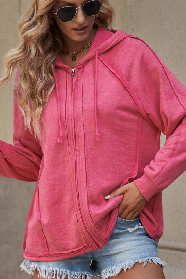 Exposed Seam Zip Up Long Sleeve Drawstring Hoodie | Hanalas