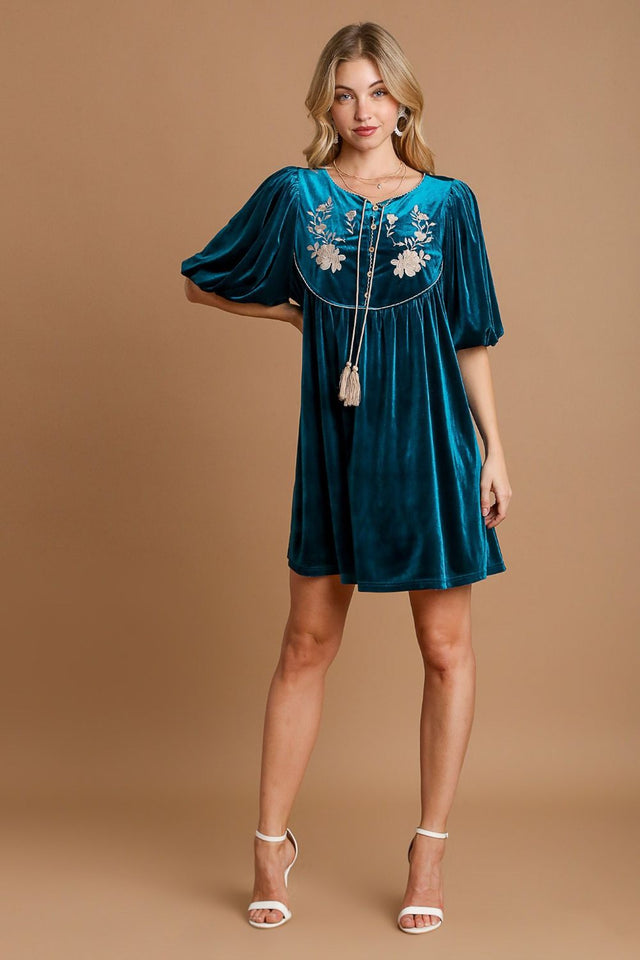 Umgee Embroidered Half Sleeve Velvet Mini Dress with Tassel | Hanalas