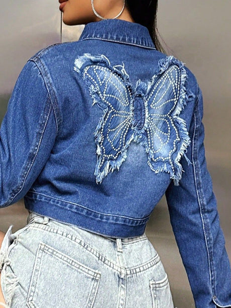 Butterfly Patch Long Sleeve Cropped Denim Top Trendsi Hanalas