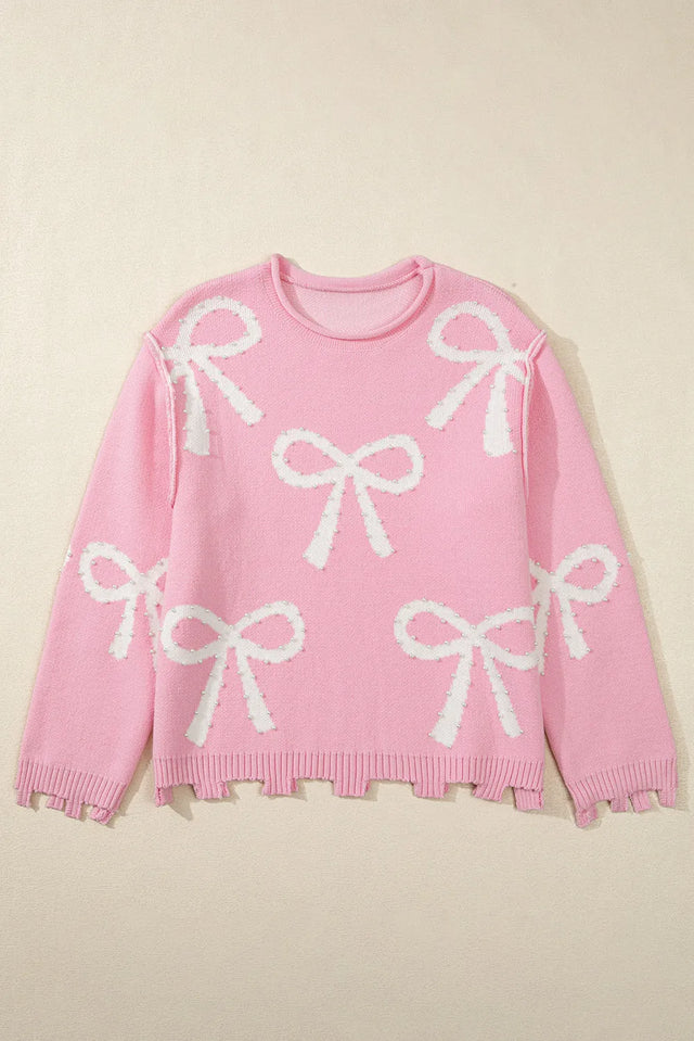 Pearl Detail Bow Round Neck Long Sleeve Sweater Trendsi Hanalas