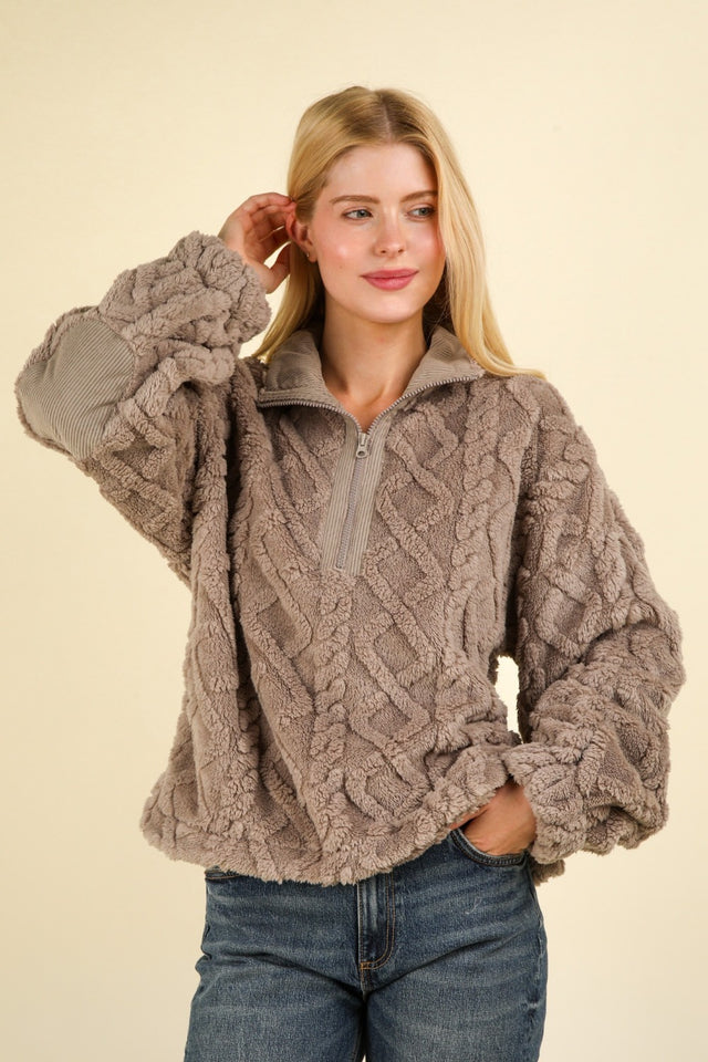 VERY J Fuzzy Fleece Half Zip Cable Pattern Sweatshirt | Hanalas