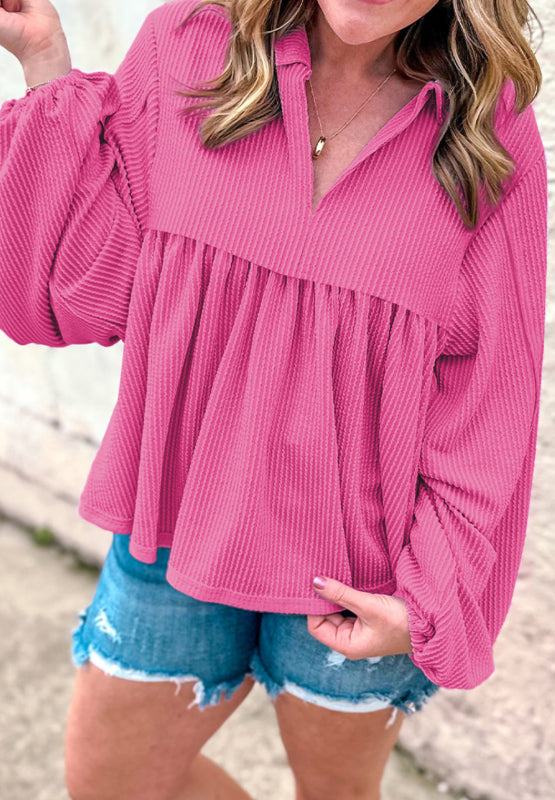 Corded Johnny Collar Long Sleeve Babydoll Blouse | Hanalas