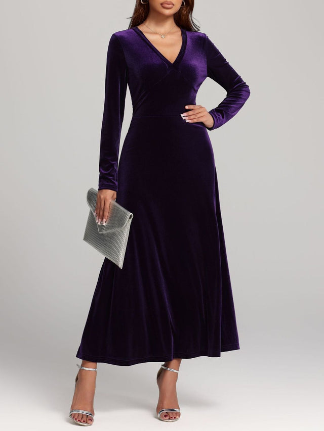 V-Neck Long Sleeve Velvet Dress | Hanalas