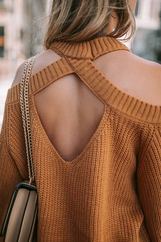 Cutout Back Cold Shoulder Long Sleeve Sweater | Hanalas