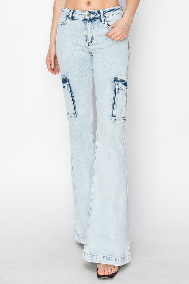 RISEN Full Size High Rise Cargo Flare Jeans | Hanalas