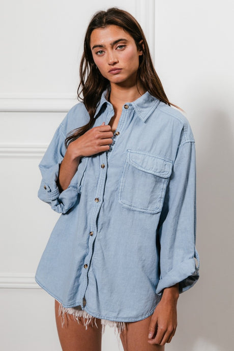 BiBi Button Down Stitch Detail Shirt with Chest Pockets | Hanalas