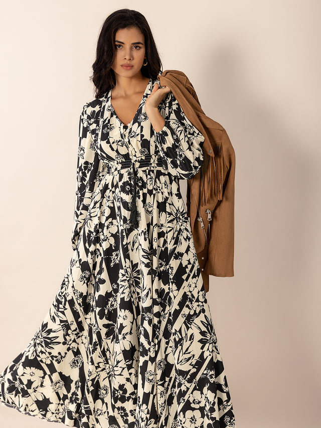 Tied Printed V-Neck Long Sleeve Midi Dress Trendsi Hanalas