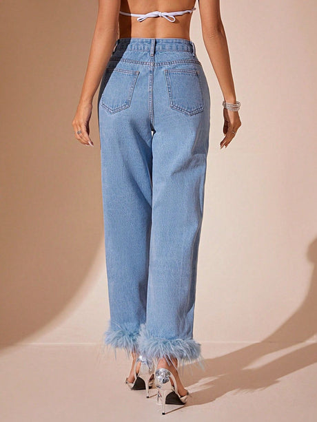 Plush Hem High Rise Straight Jeans Trendsi Hanalas