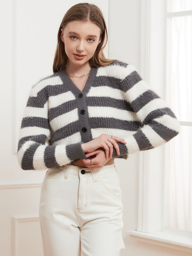 Button Down V-Neck Striped Cardigan | Hanalas