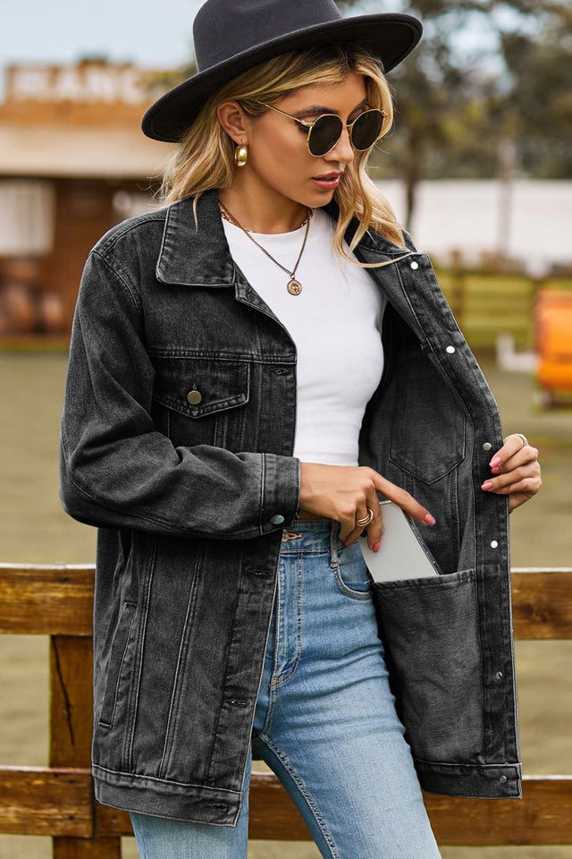 Buttoned Collared Neck Denim Jacket with Pockets Trendsi Hanalas