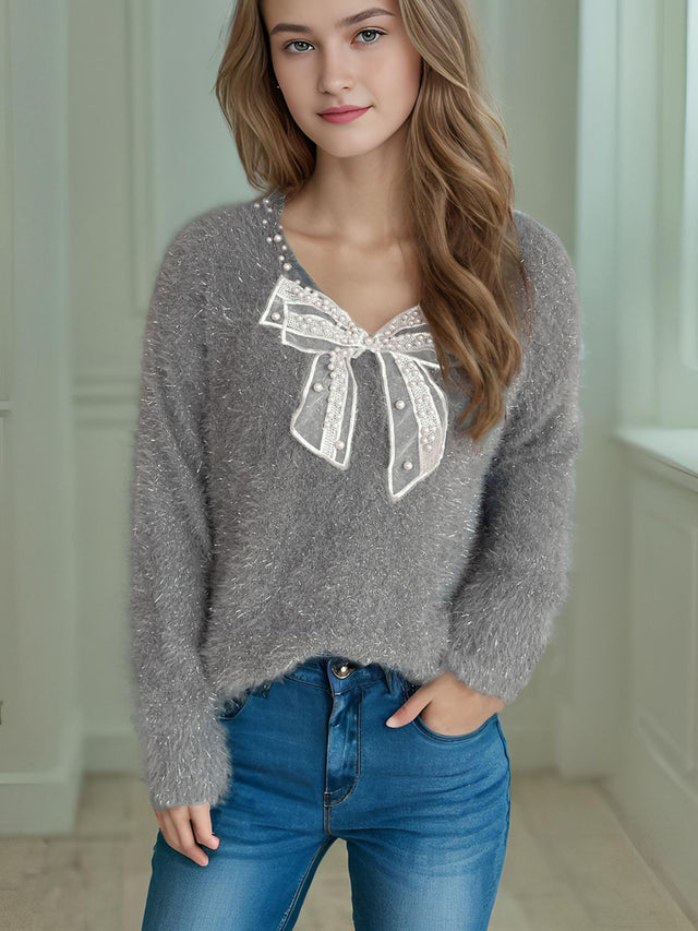 Bow Pearl Detail V-Neck Long Sleeve Sweater Trendsi Hanalas