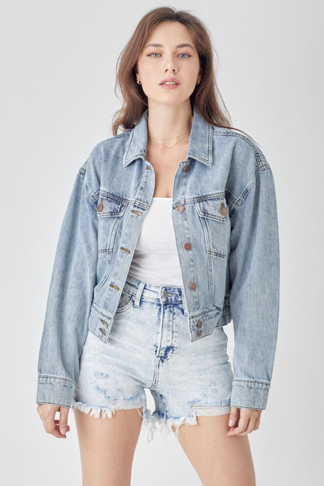 RISEN Full Size Button Down Cropped Denim Jacket | Hanalas