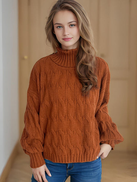 Cable-Knit Turtleneck Long Sleeve Sweater