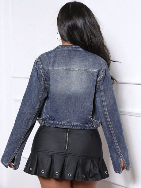 Zip Up Long Sleeve Denim Top Trendsi Hanalas