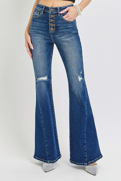 RISEN Distressed Button-Fly Flare Jeans | Hanalas