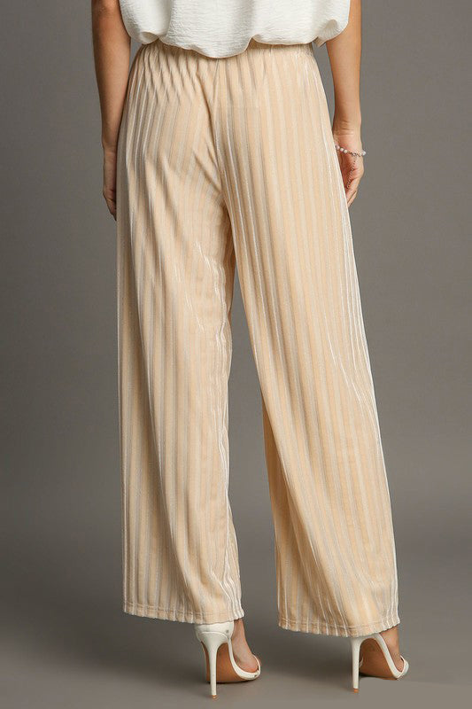 Umgee Elastic Waist Striped Wide Leg Velvet Pants | Hanalas