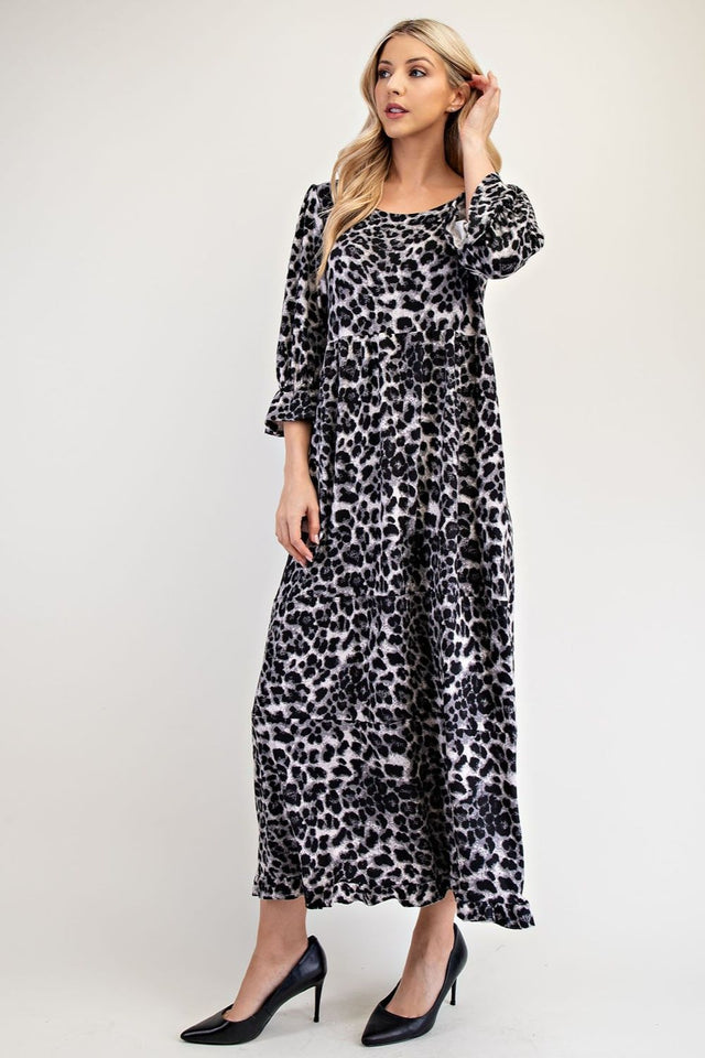 Celeste Full Size Leopard Round Neck Flounce Sleeve Dress | Hanalas