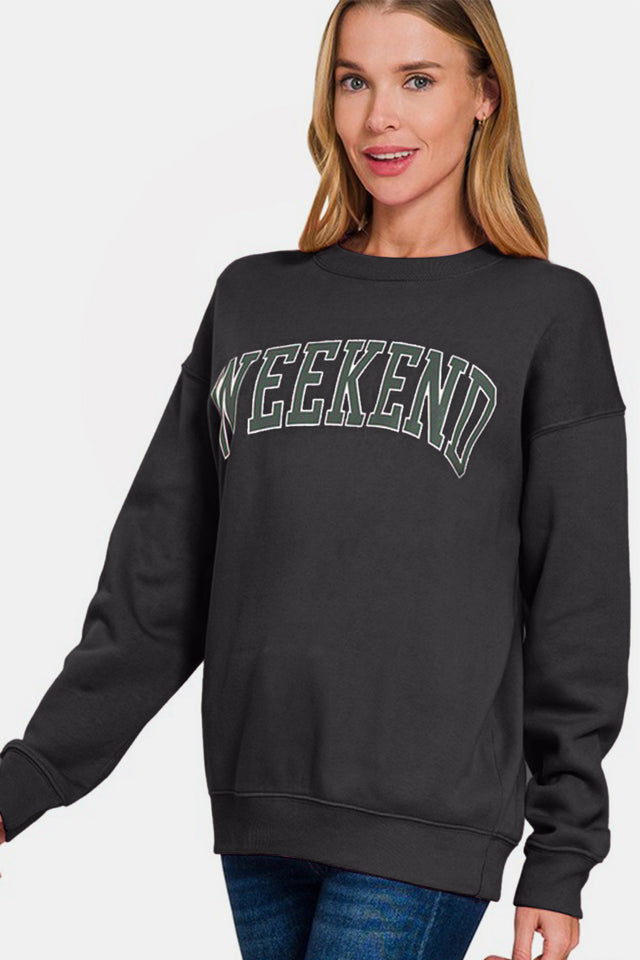 Zenana WEEKEND Round Neck Dropped Shoulder Sweatshirt | Hanalas