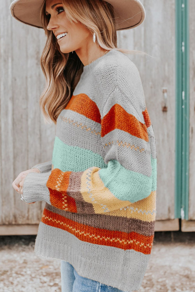 Color Block Round Neck Dropped Shoulder Sweater | Hanalas