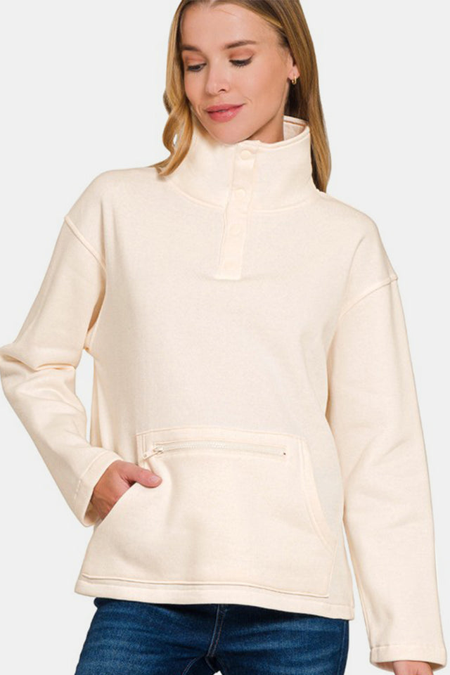 Zenana Turtleneck Half Snap Fleece Sweatshirt | Hanalas