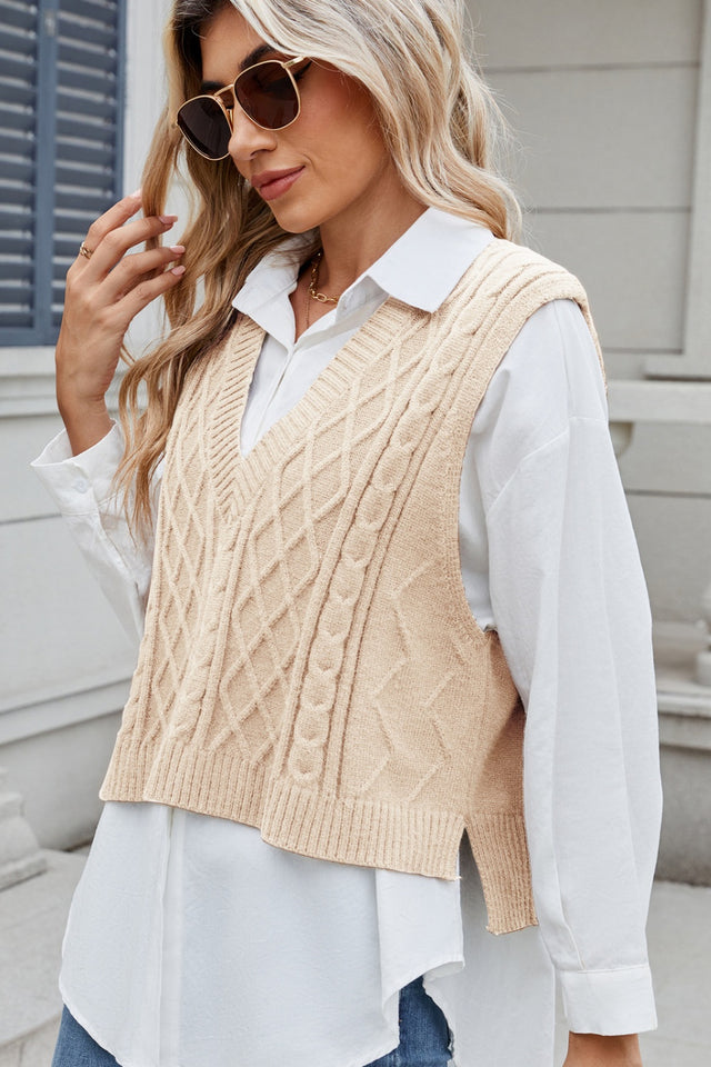 Cable-Knit V-Neck Sweater Vest | Hanalas