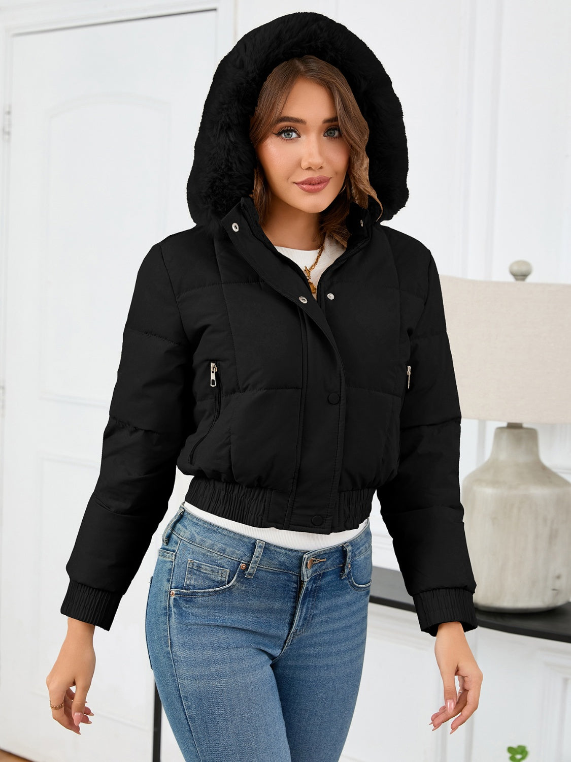 Pocketed Long Sleeve Cropped Hooded Winter Coat