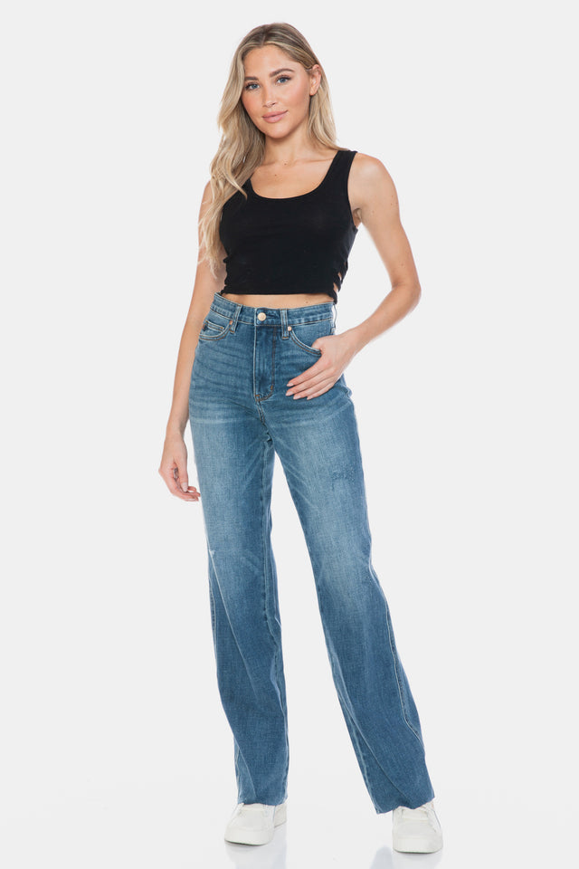 Judy Blue Full Size Tummy Control Cut Raw Hem Straight Jeans Trendsi Hanalas