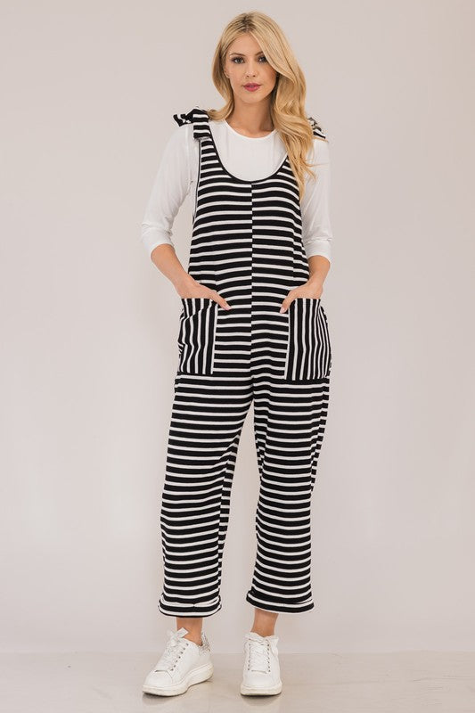 Celeste Full Size Striped Scoop Neck Overalls with Pockets | Hanalas