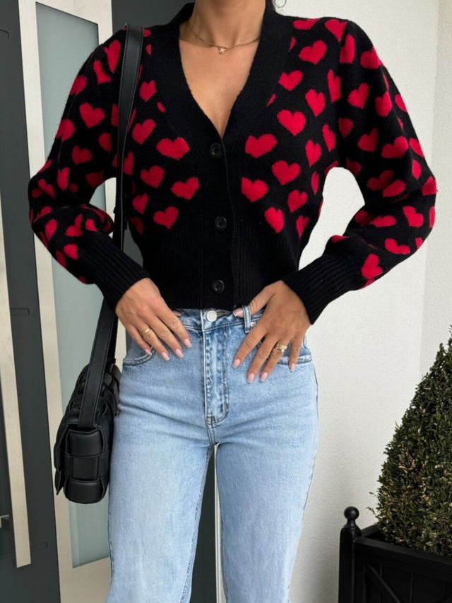 Valentine’s Day Heart V-Neck Cropped Cardigan | Hanalas