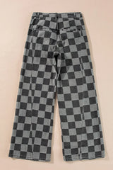 Checkered Wide Leg Jeans with Pockets