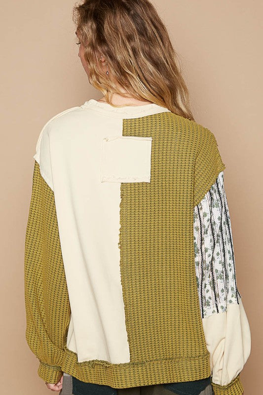 POL Exposed Seam Floral Patch Color Block Round Neck Sweatshirt | Hanalas