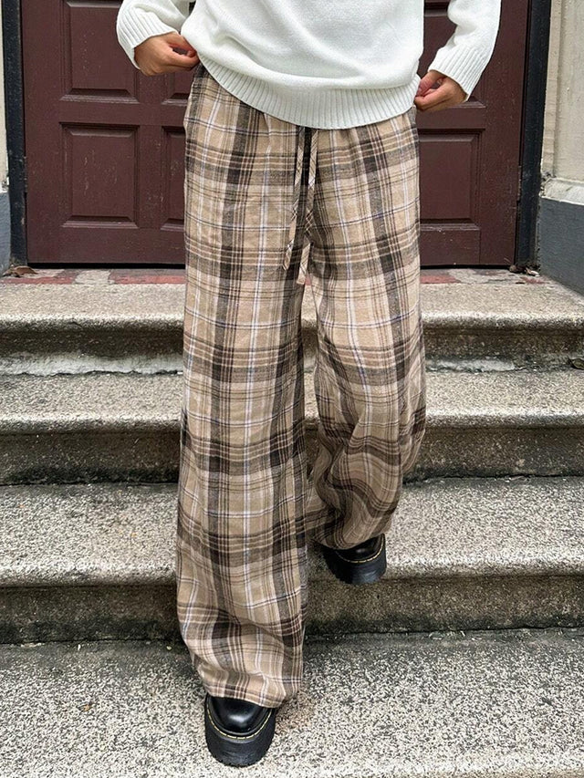 Drawstring Plaid Wide Leg Pants