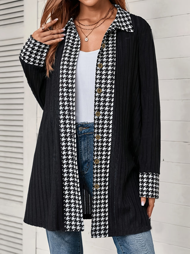 Houndstooth Button Up Long Sleeve Cardigan | Hanalas