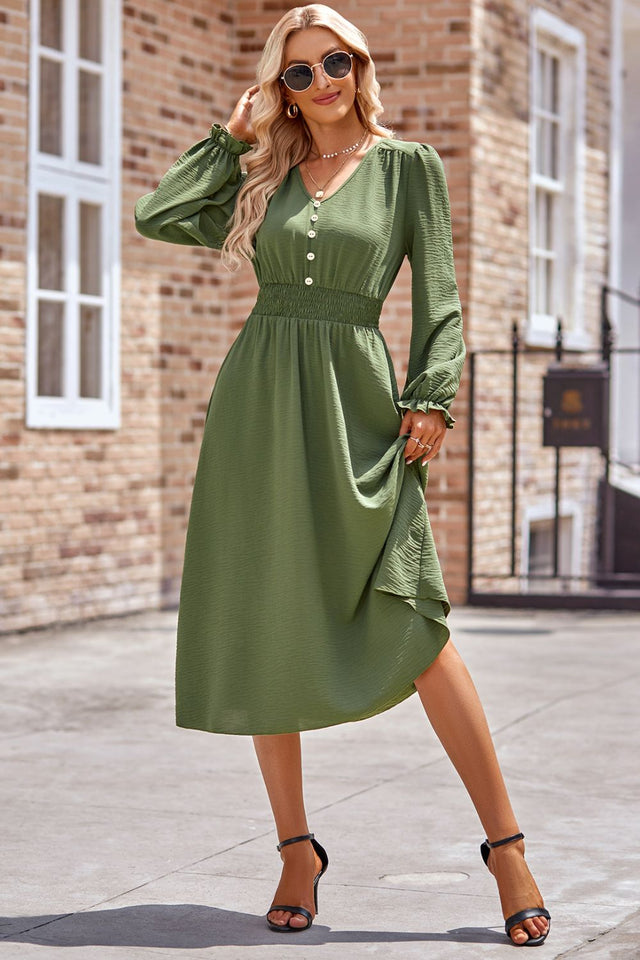 Smocked V-Neck Flounce Sleeve Midi Dress | Hanalas