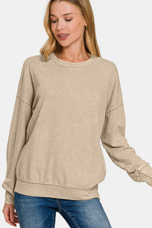 Zenana Washed Round Neck Dropped Shoulder Sweatshirt | Hanalas