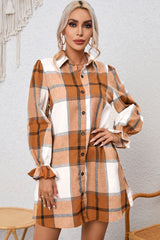 Khaki Western Plaid Button Up Loose Shirt Dress