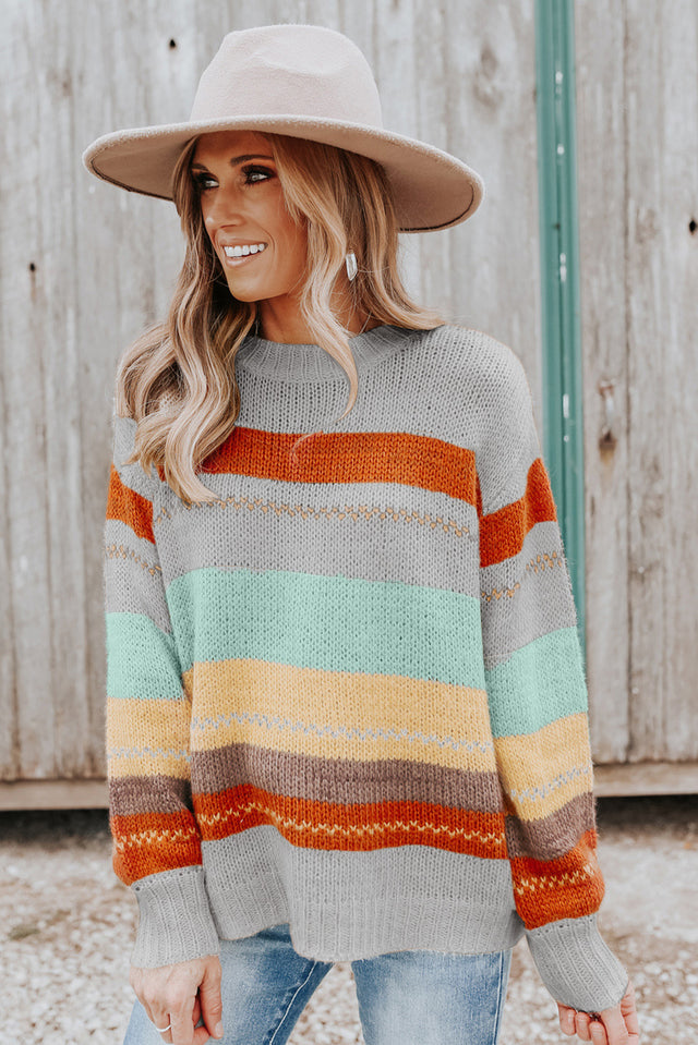 Color Block Round Neck Dropped Shoulder Sweater | Hanalas