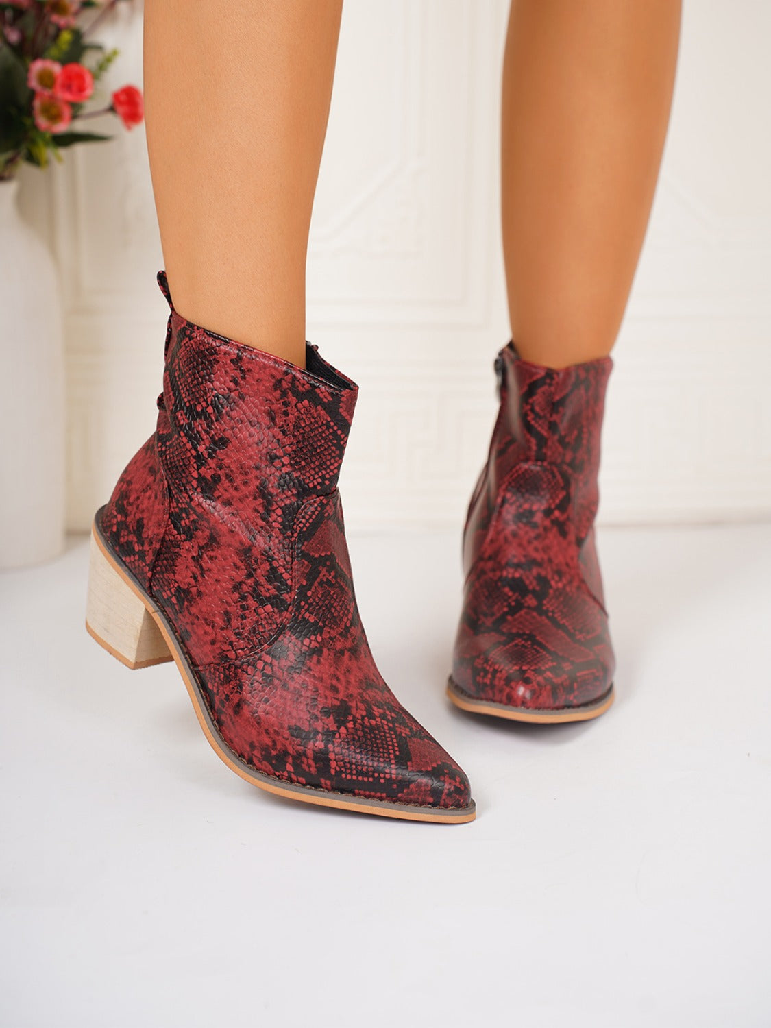 PU Leather Snakeskin Print Block Heel Boots