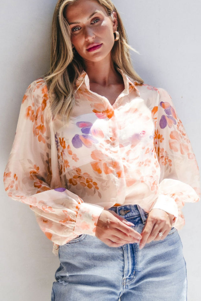 Printed Collared Neck Long Sleeve Shirt | Hanalas