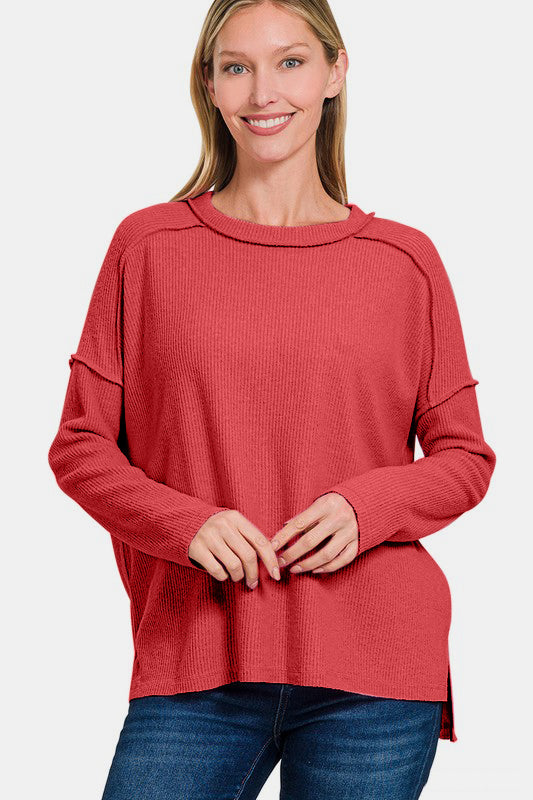 Zenana Full Size Exposed Seam Brushed Round Neck Sweater | Hanalas