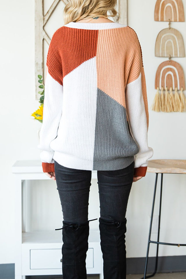 Color Block Drop Shoulder Long Sleeve Sweater | Hanalas