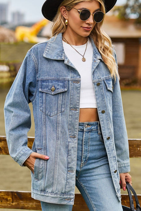 Buttoned Collared Neck Denim Jacket with Pockets Trendsi Hanalas