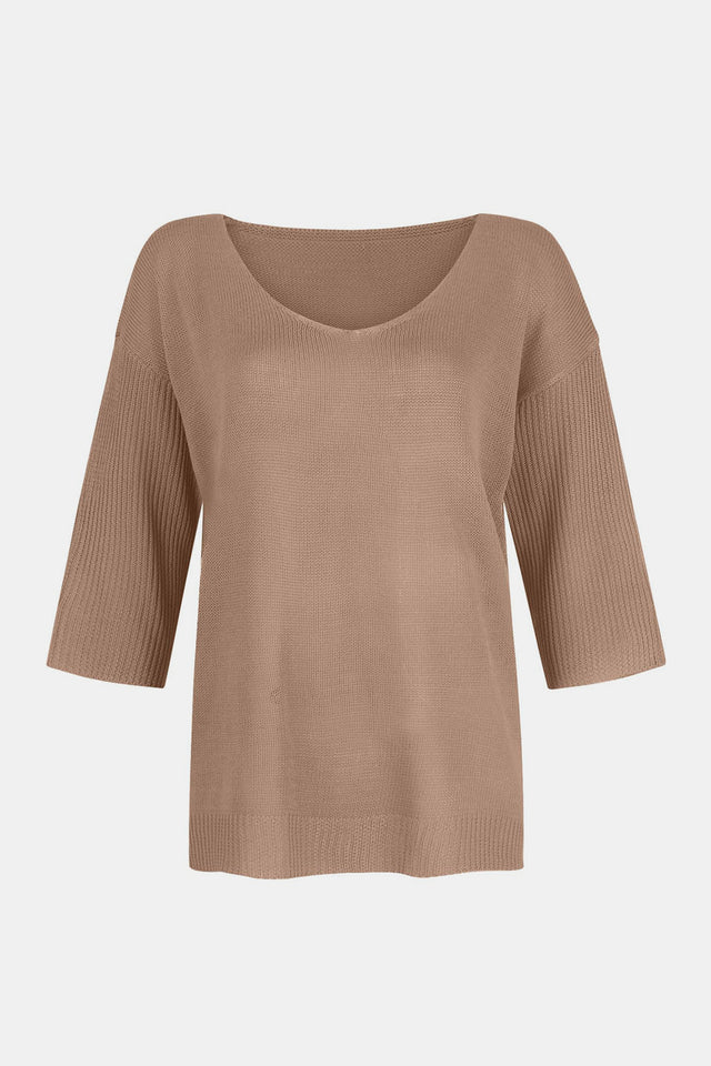 V-Neck Three-Quarter Sleeve Knit Top | Hanalas