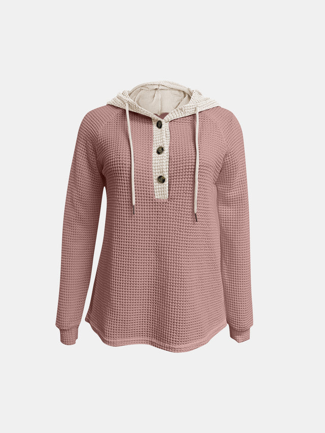 Full Size Waffle-Knit Contrast Long Sleeve Hoodie | Hanalas