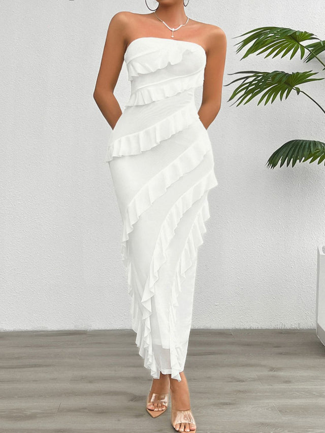 Devine Ruffled Slit Back Tube Maxi Dress | Hanalas