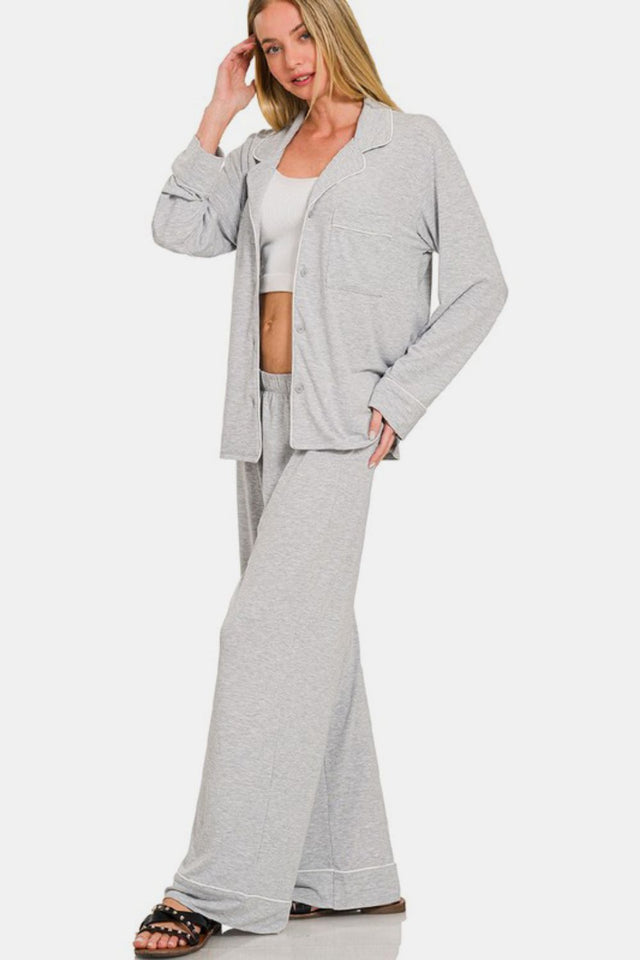 Zenana Button Down Long Sleeve Top and Pants Lounge Set | Hanalas