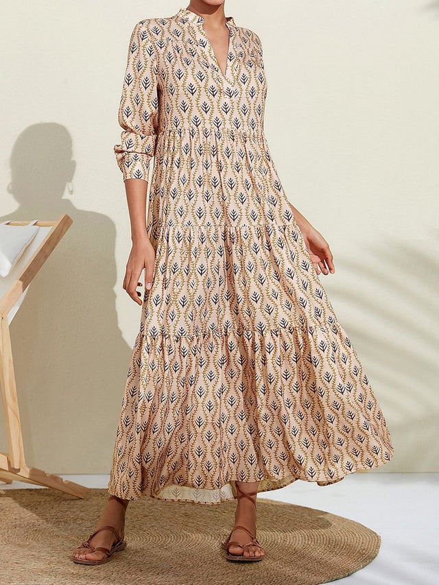 Printed Notched Long Sleeve Midi Dress Trendsi Hanalas