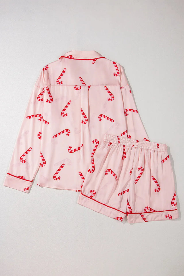 Candy Cane Collared Neck Long Sleeve Top and Shorts Lounge Set Trendsi Hanalas